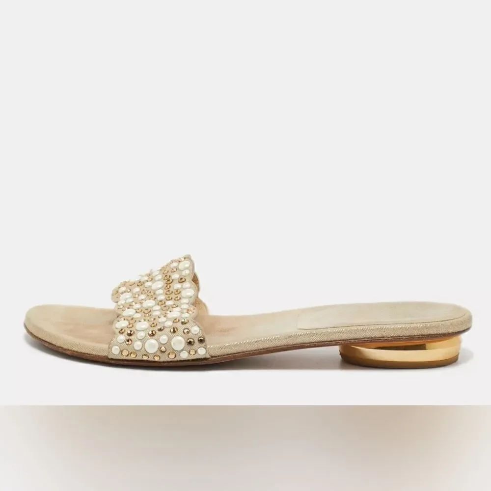 Stuart Weitzman Beige Textured Suede Studded Thong Slides 7.5